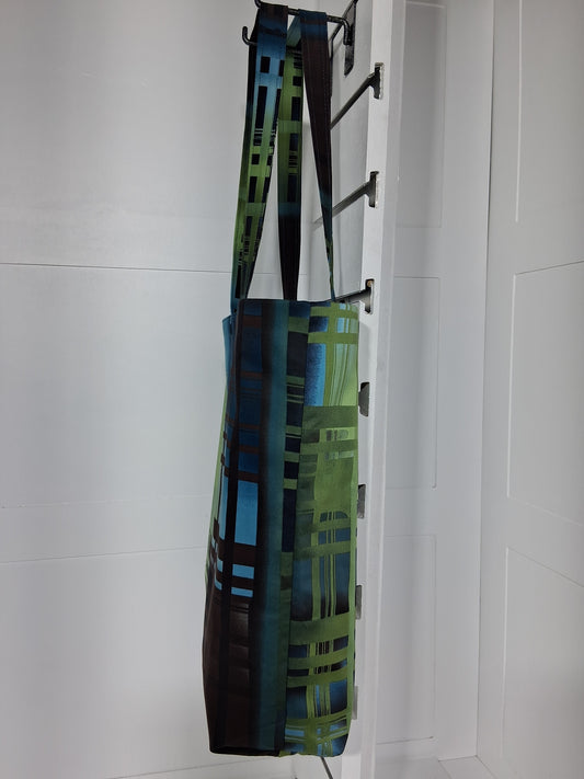 "Pinpins Designs handmade tote bag – side view, green blue and brown plaid grid fabric"