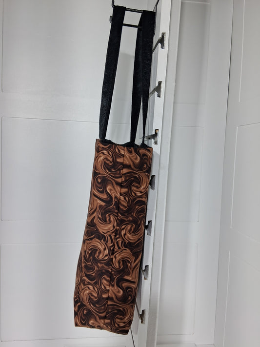 "Pinpins Designs handmade tote bag – side view, chocolate brown and copper swirl fabric"