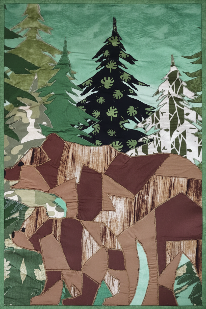 Bear forest fabric art with green frame
