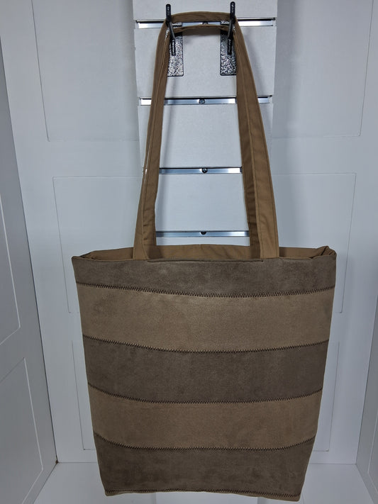  "Pinpins Designs handmade tote bag – front view, camel tan suede fabric with horizontal zigzag stitch stripes"
