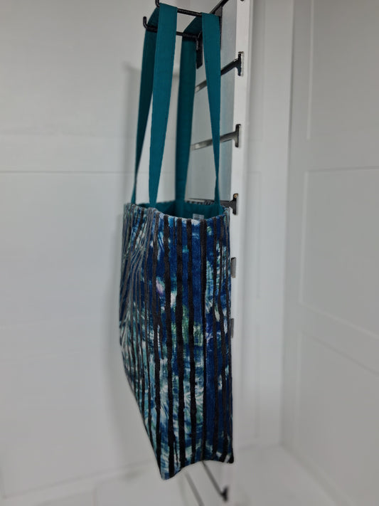  "Pinpins Designs handmade tote bag – side view, teal and navy shibori stripe fabric"