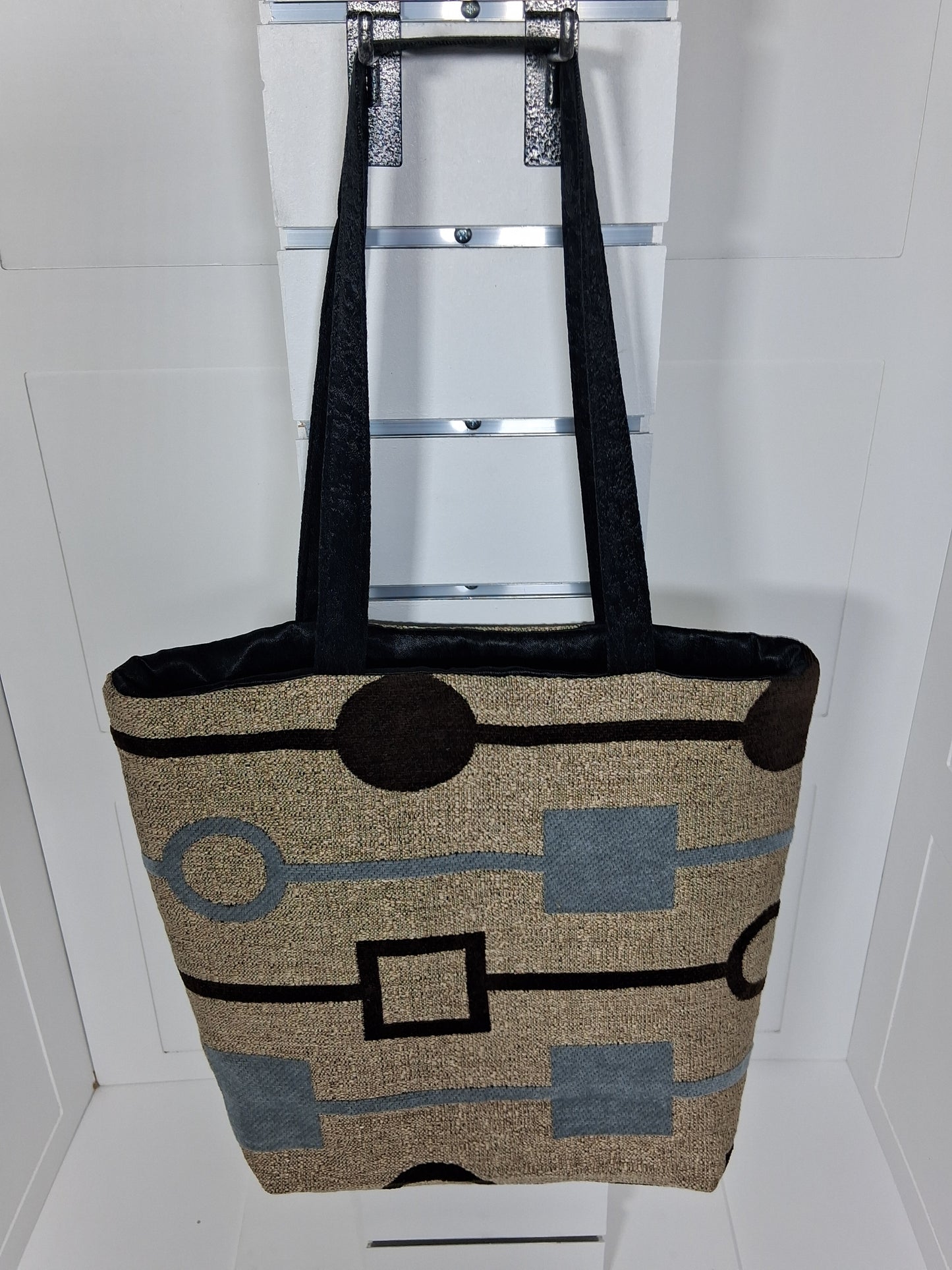  "Pinpins Designs handmade tote bag – front view, blue and green geometric grid fabric with royal blue lining"