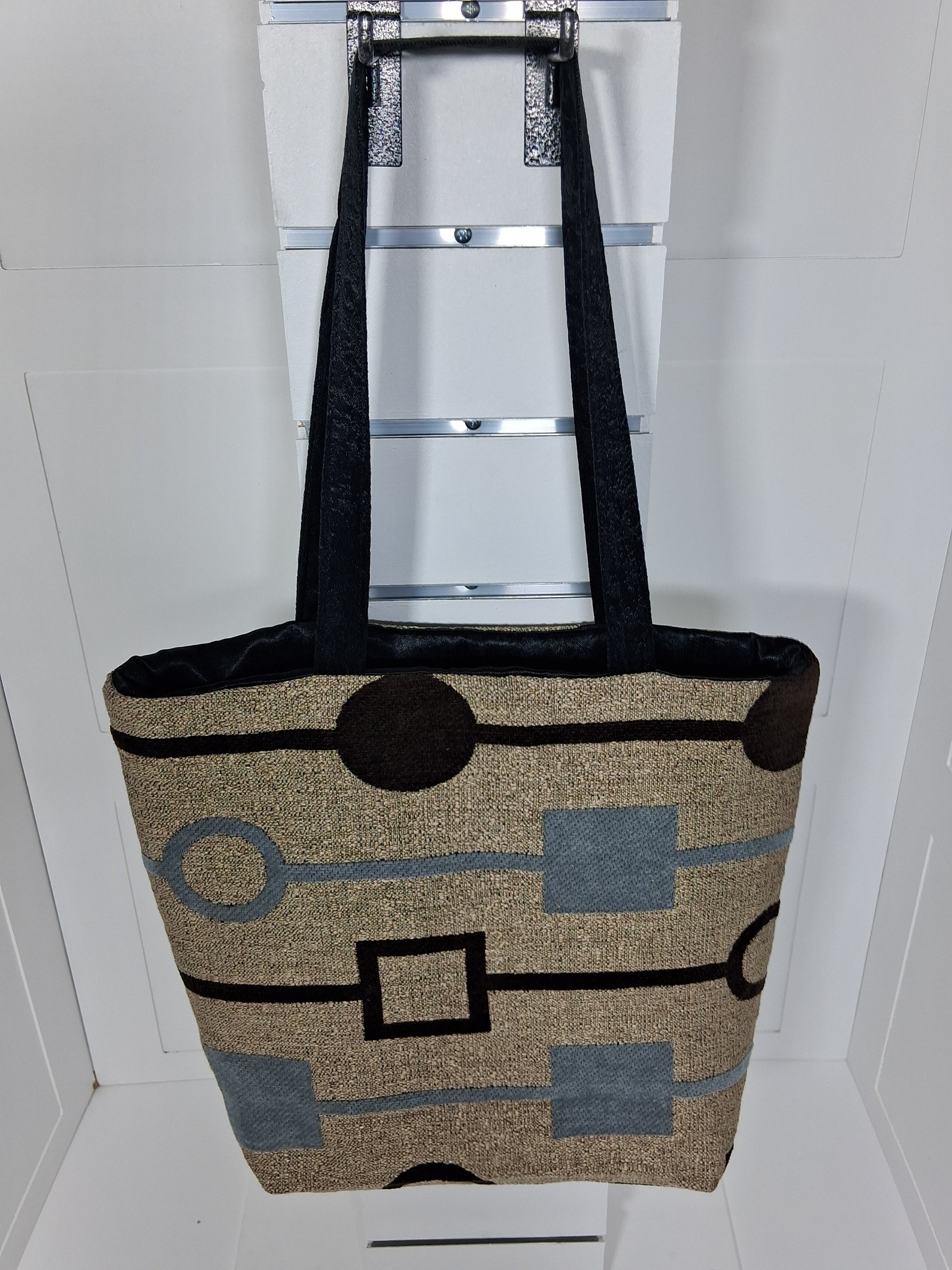  "Pinpins Designs handmade tote bag – front view, blue and green geometric grid fabric with royal blue lining"