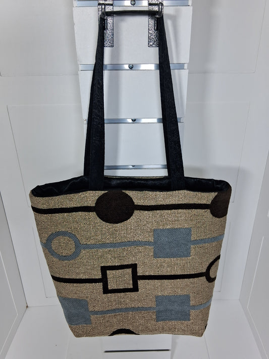 "Pinpins Designs handmade tote bag – front view, blue and green geometric grid fabric with royal blue lining"