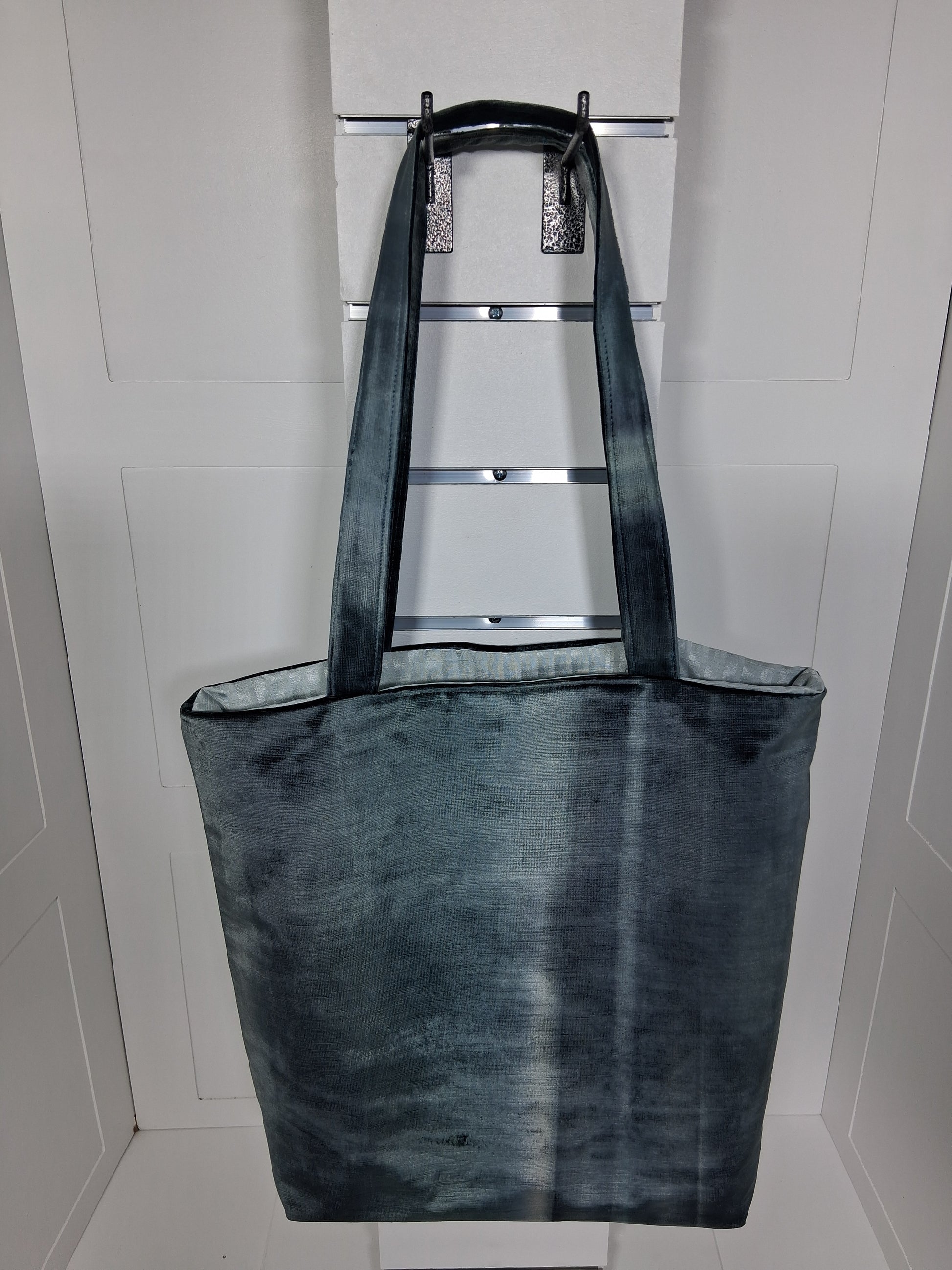 "Pinpins Designs handmade tote bag – front view, charcoal slate blue shibori dyed fabric