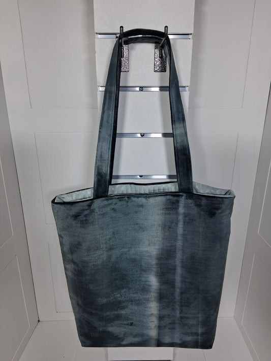 "Pinpins Designs handmade tote bag – front view, charcoal slate blue shibori dyed fabric
