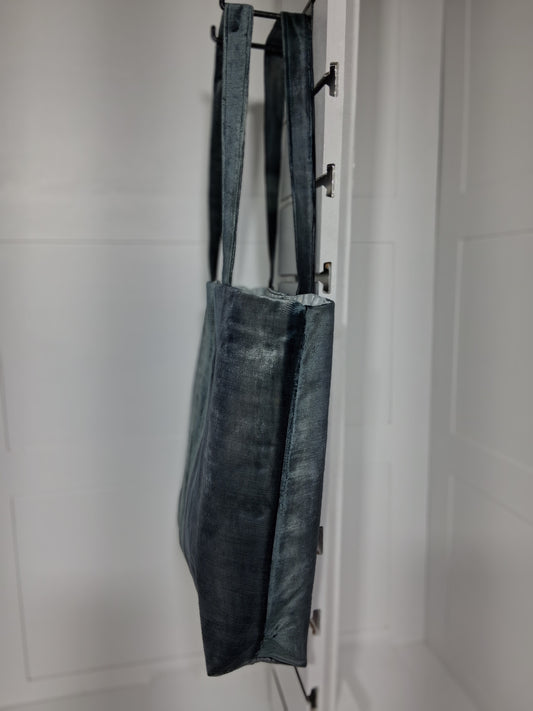 "Pinpins Designs handmade tote bag – side view, charcoal shibori dyed fabric"