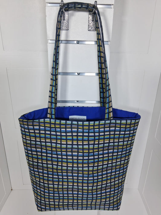  "Pinpins Designs handmade tote bag – front view, blue and green geometric grid fabric with royal blue lining"