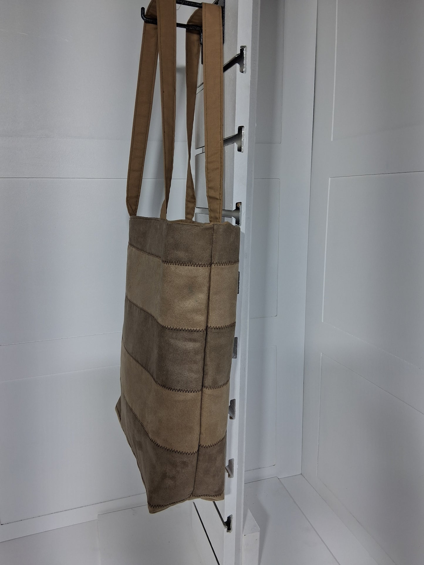 "Pinpins Designs handmade tote bag – side view, camel tan suede fabric with stitch stripe 