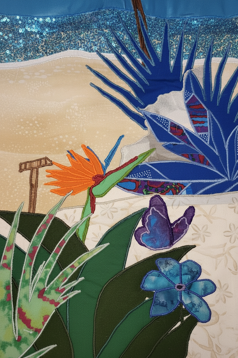Vibrant bird of paradise fabric art